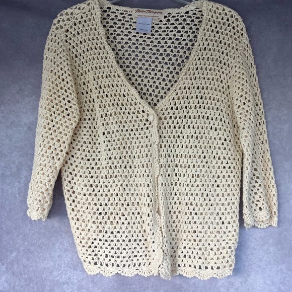 Norm Thompson Jackets & Blazers - Norm Thompson Tan Linen Blend 3/4 Sleeve Crochet Cardigan M